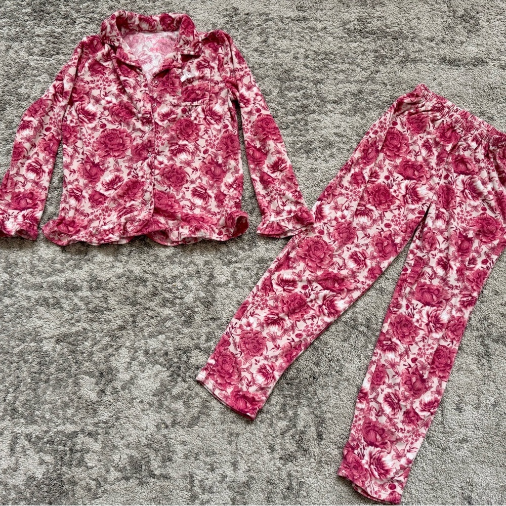 Betsey Johnson Girls Floral Fleece Pajama Set Pink Button Top Size 10